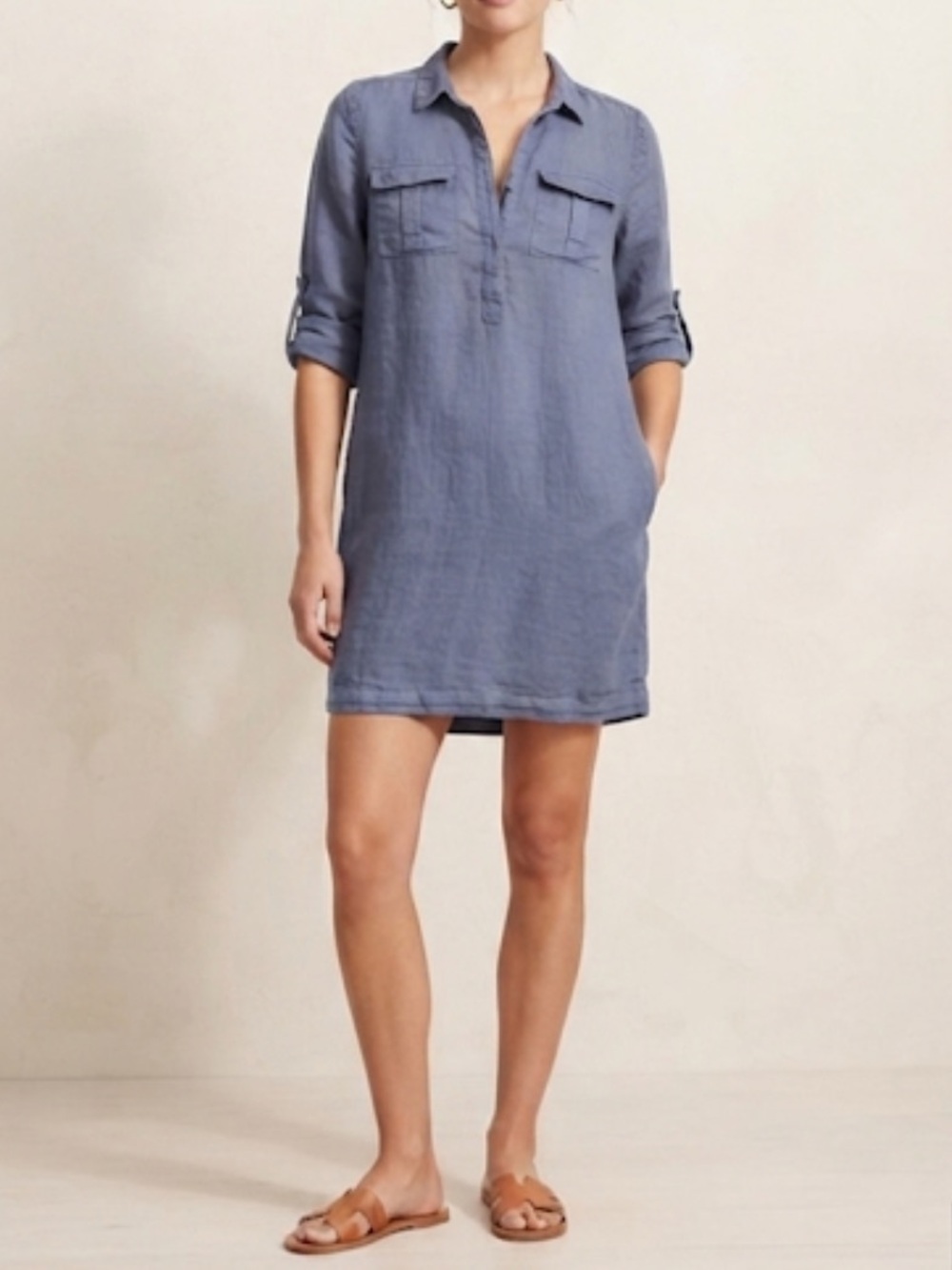 JACHS GIRLFRIEND Linen Shirt Dress Blue Pullover Medium